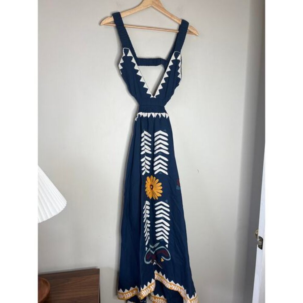 NWT Carolina K Lia Cutout Embroidered Elastic Midi Dress Navy Peony Size: XS - Picture 2 of 7